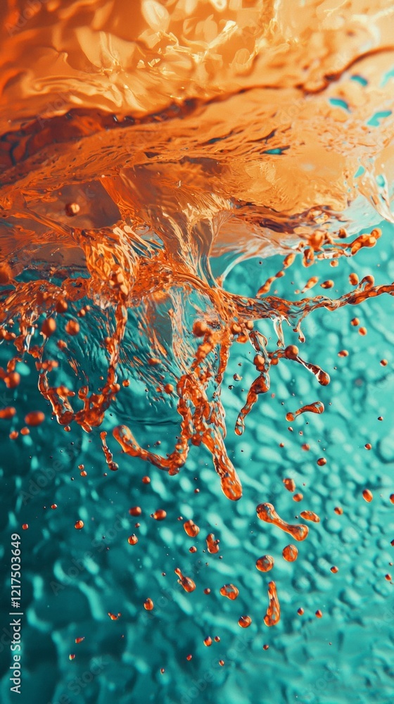 Poster orange liquid splashing and mixing with turquoise water, creating captivating patterns and vibrant d