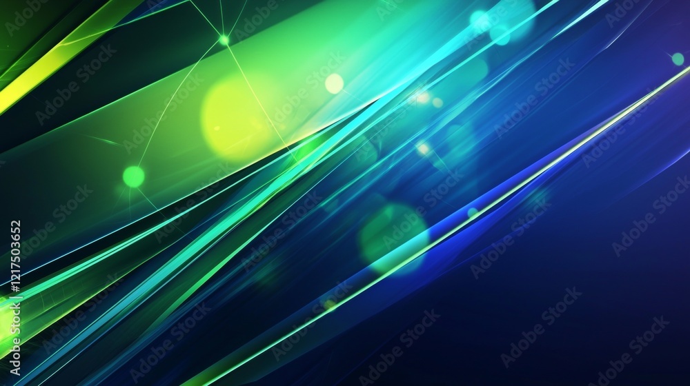 Poster light trails and lens flares create an abstract design with a gradient from green to blue over a dar