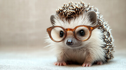A tiny hedgehog wearing spectacles sits against a light-gray background. 