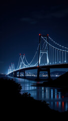 Obraz premium Stunning night view of a long suspension bridge illuminated with red lights, stretching across a serene body of water reflecting city lights.