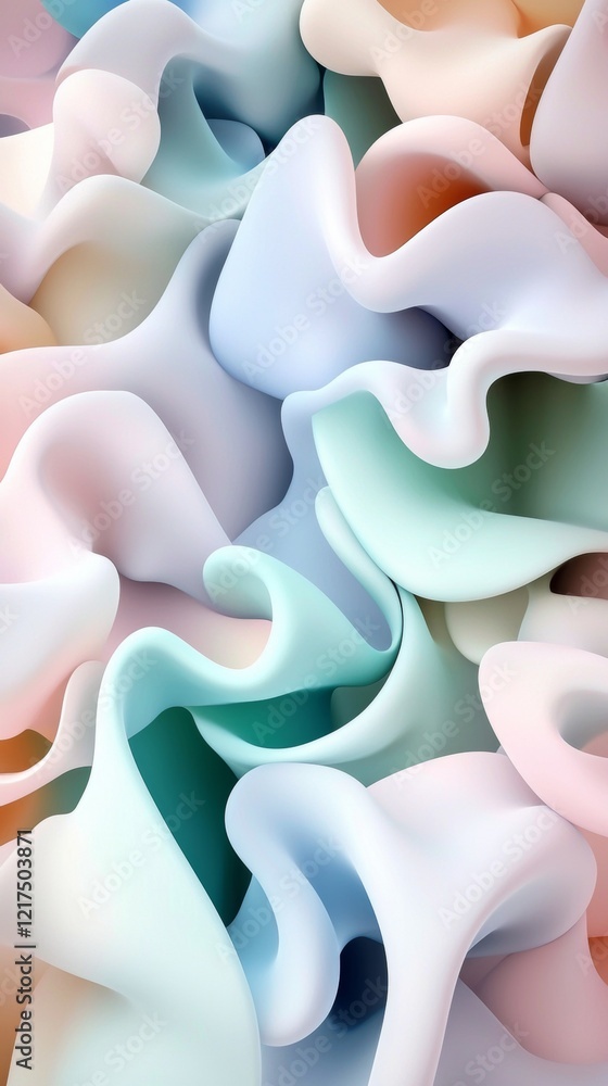 Poster smooth, pastel-colored abstract shapes intertwining create a visually captivating wavy pattern, perf