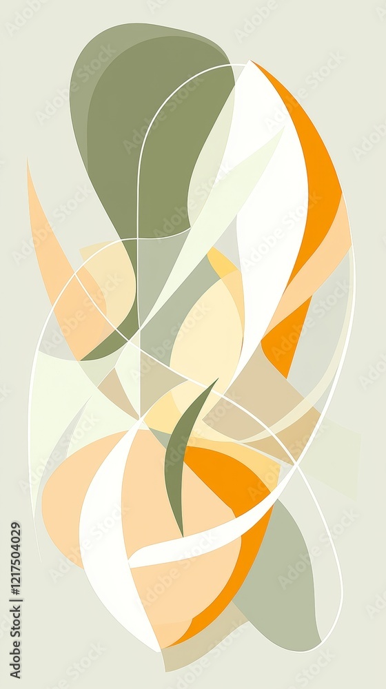 Poster modern abstract art featuring dynamic, overlapping shapes in orange, green, and white, creating a se