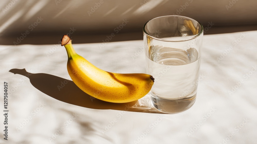 Poster fresh banana next to a clear glass of water on a soft surface highlighted by natural light, creating