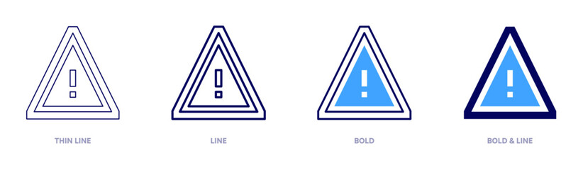 Cautions icon in 4 different styles. Thin Line, Line, Bold, and Bold Line. Duotone style. Editable stroke