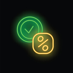 Green check mark and orange percentage symbol glowing on black background