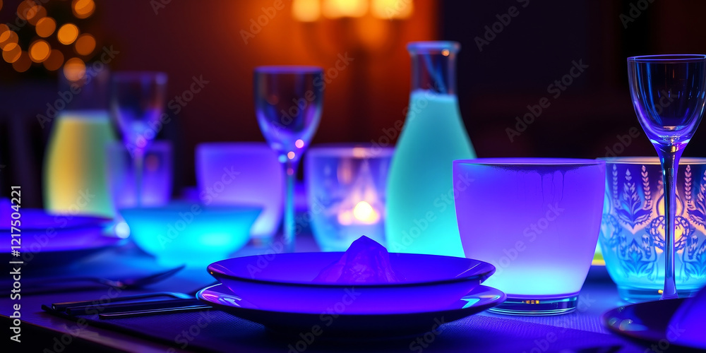 Poster a table with a blue lighted table setting. the table is set for a dinner party. there are several gl