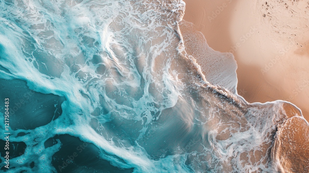 Poster capturing an aerial view of turquoise ocean waves crashing gently against a sandy beach, creating st