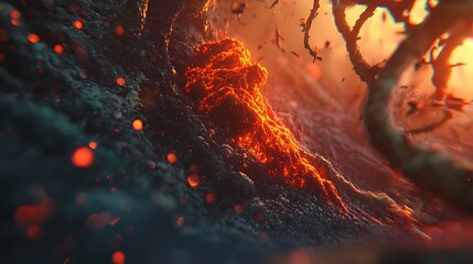 Molten rock flows, forest fire background, fantasy landscape, game asset