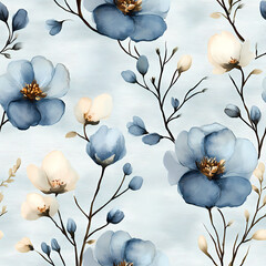 Seamless pattern of a cotton flowers in bloom and branches on blue watercolor background, Cotton flower branches on soft blue artistic background seamless texture