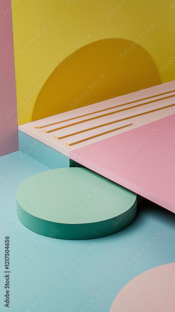 Poster geometric shapes and pastel colors create a modern and minimalist abstract scene, forming a visually