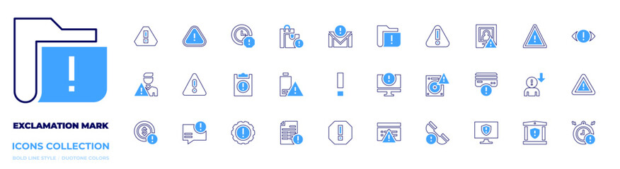 Exclamation mark icon collection. Bold line style. Duotone colors. alert, user, coin, exclamation mark, warning, alarm, speech bubble, hard disk, phone call, low battery, attention