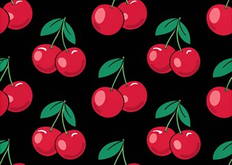 Red cherry berries seamless pattern on black background
