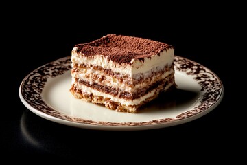Deliciously layered tiramisu resting elegantly on a vintage plate at dusk