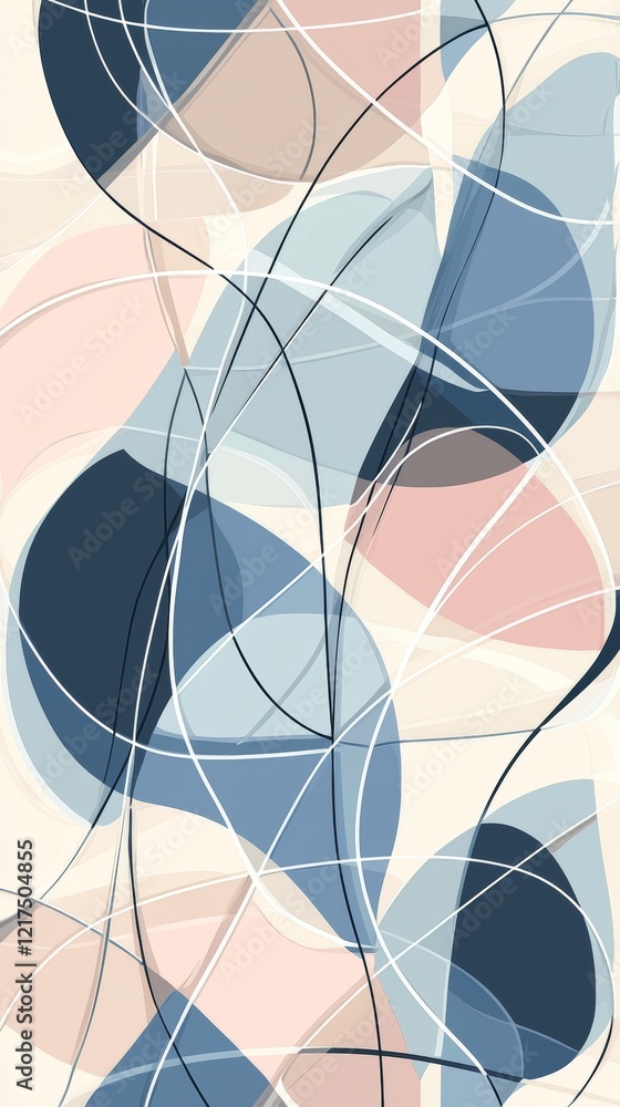 Poster pastel-colored abstract shapes intertwine with dynamic curving lines, creating a visually engaging c