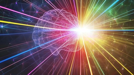Colorful rays burst from digital brain, network background, idea concept
