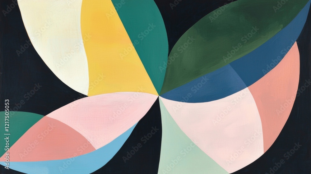 Poster abstract painting with overlapping petal or teardrop shapes in various colors radiating from the cen