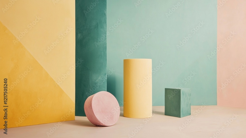 Aufkleber minimalist abstract composition featuring geometric shapes arranged on a colorful pastel background,