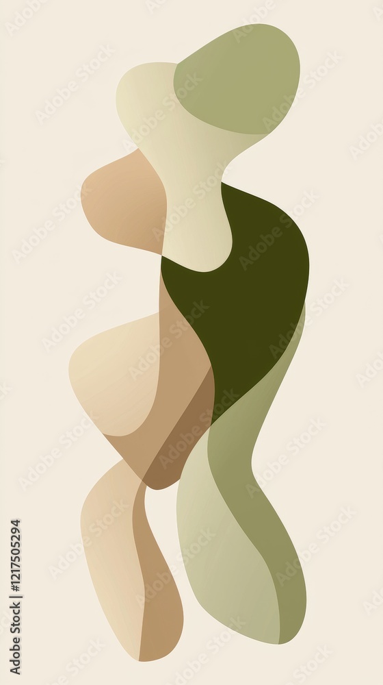 Poster modern abstract art composition featuring overlapping organic shapes in various shades of green and 
