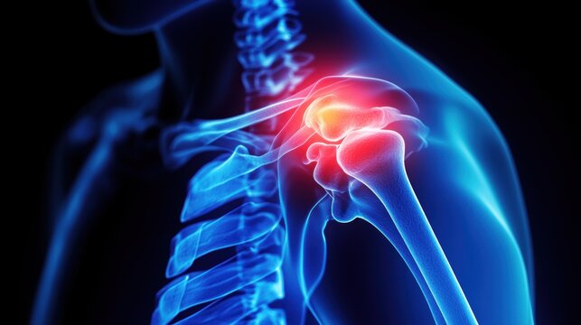 Side view of shoulder joint showing detailed skeletal anatomy with red inflamed area highlighting pain or injury.