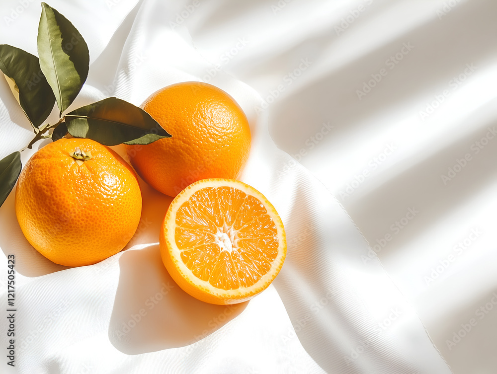Poster two whole oranges and one orange half with green leaves on a white fabric with sunlight streaming th