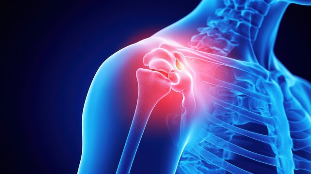 Shoulder joint highlighted in blue X-ray with red glow indicating inflammation or trauma against dark background.