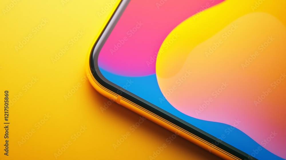 Poster close-up of a yellow smartphone displaying a vibrant. abstract design with swirling pink. blue. and 