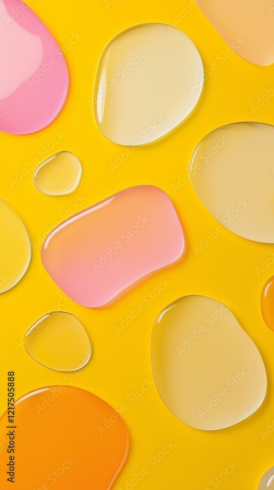 Poster creating an abstract pattern of colorful serum drops on a vibrant yellow background, offering a visu