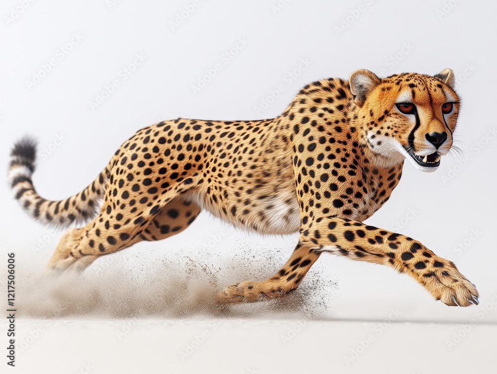 Poster a realistic cheetah running swiftly across a sandy surface.