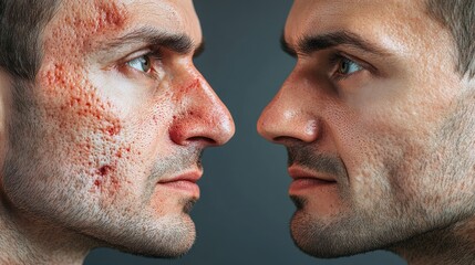Fototapeta premium Side-by-side of male faces with severe acne scars on left transitioning to clear skin on right. Representation of dermatological treatments and recovery.