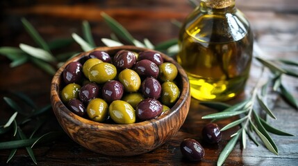 Wooden bowl of olives, oil, rustic table