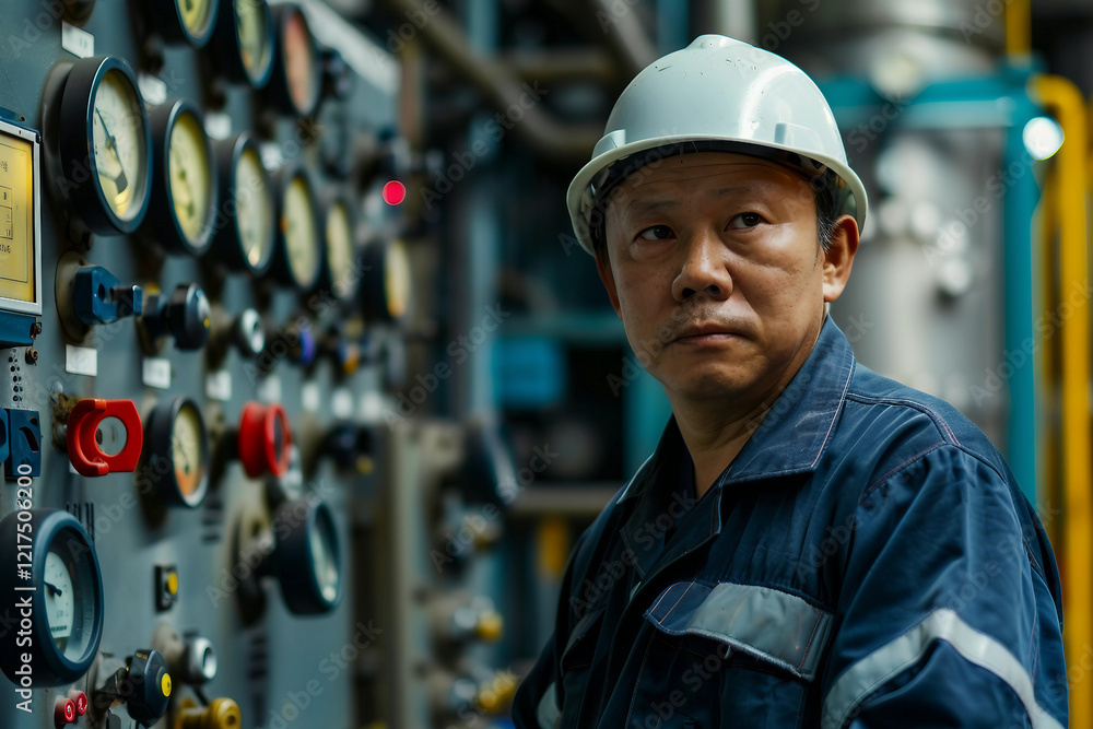 Poster engineer overseeing a nuclear reactor turbine in industrial setting generative ai image