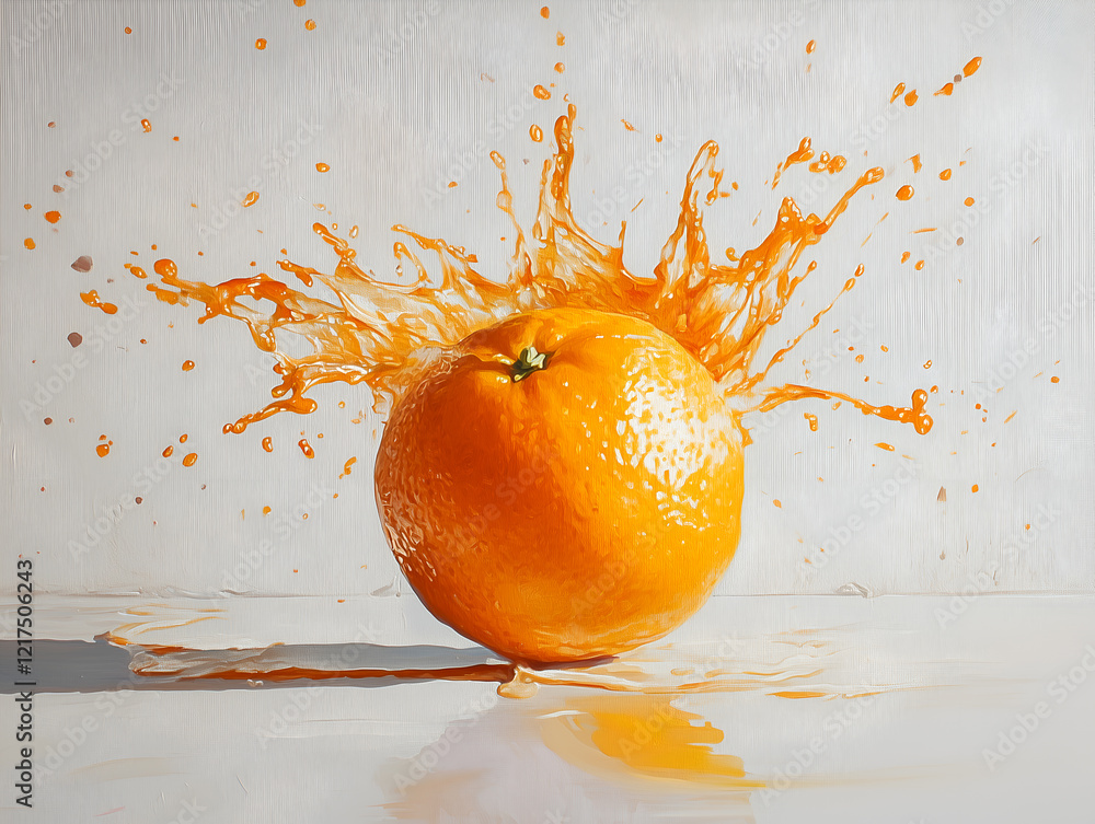 Poster a single orange with a burst of juice creating a vibrant explosion of color and energy. a splash of 