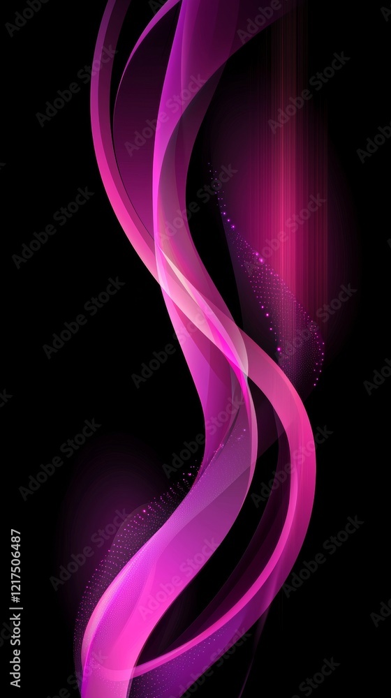 Poster swirling smooth pink gradient waves flow gracefully against a black background, adorned with sparkli