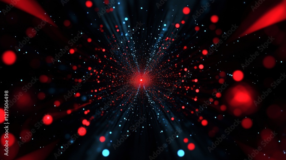 Poster abstract red and blue particles are flying through space creating a sense of speed and motion, formi