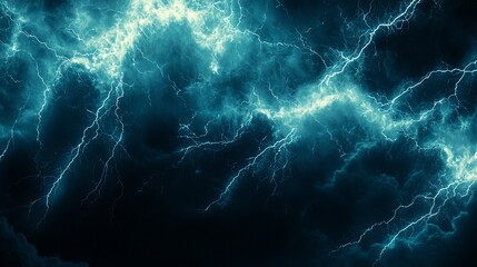 Fototapeta premium Teal lightning storm, dark sky, energy background