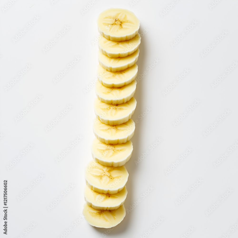 Poster neatly stacked banana slices arranged in a vertical line on a white background in a simple and balan