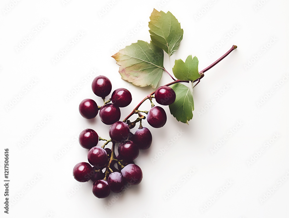Poster fresh grapevine branch with deep purple grapes and green leaves arranged on a white background in a 