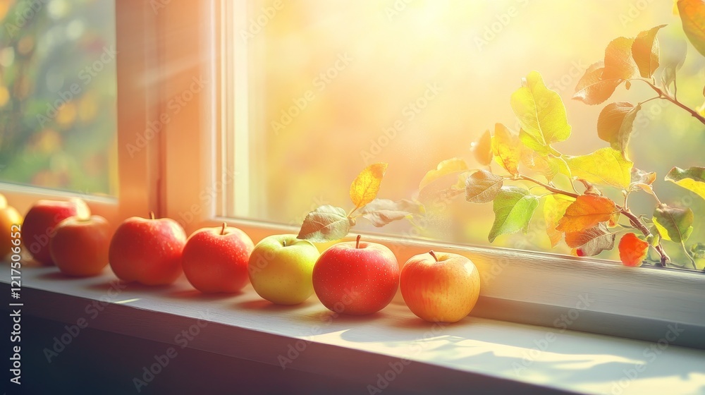 Aufkleber fresh red and green apples lined up on a sunny windowsill with soft natural light and autumn leaves 