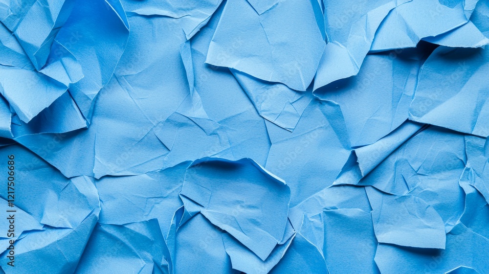 Poster crumpled and torn pieces of light blue paper create a textured background, offering a distinct visua
