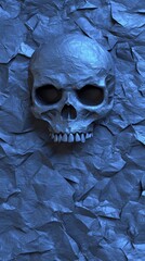 Naklejka premium Resting on a crumpled paper background, a textured blue skull creates a striking and eerie visual, evoking themes of darkness, death, and the macabre in a surreal composition