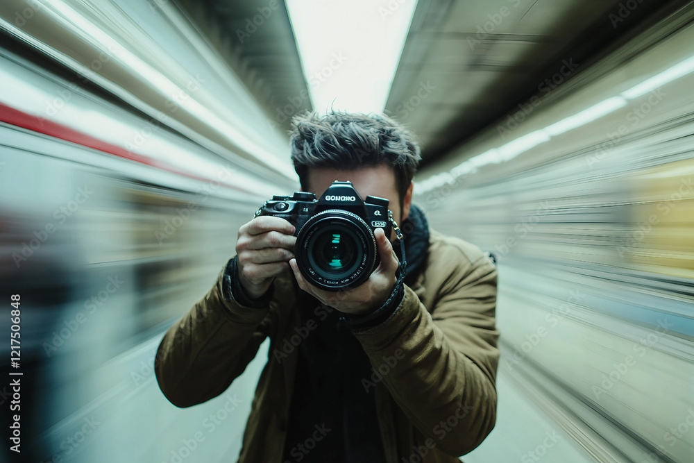 Poster taking pictures with a large slr camera in the studio generative ai