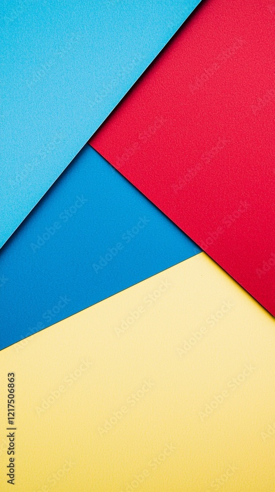 Poster geometric composition featuring overlapping sheets of blue, red, and yellow paper, creating a visual