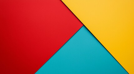 Creating an abstract background through geometric color blocking, featuring vibrant red, sunny yellow, and soft light blue paper sheets arranged in a striking flat lay composition
