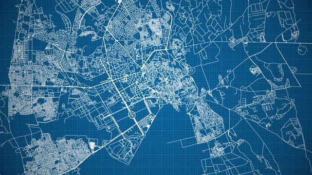 Ink reveal animation of Marrakesh city, Marrakesh-Safi, Morocco, grid map. Aerial top view. Blueprint style. White lines with blue background. 4K Seamless loop.