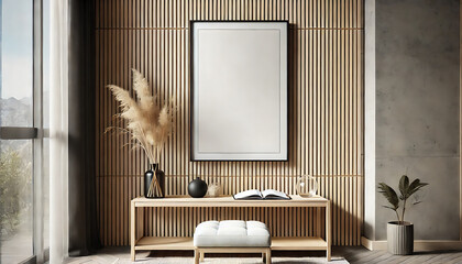 A photorealistic rendering of a modern interior featuring a blank black-framed poster hanging vertically against a textured wooden slat wall.