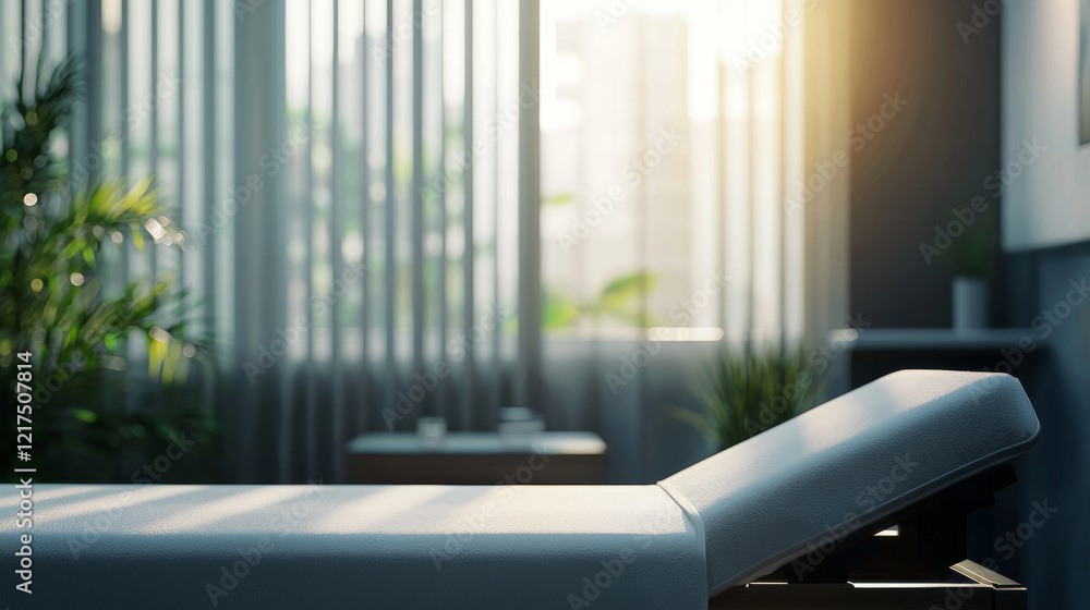 Poster sunlight streams through window blinds, illuminating an empty examination table in a modern medical 