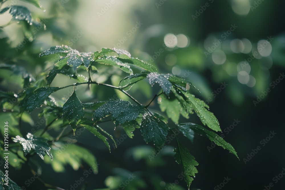 Poster sunlight filtering through wet leaves on a branch creates a tranquil and refreshing atmosphere in a 