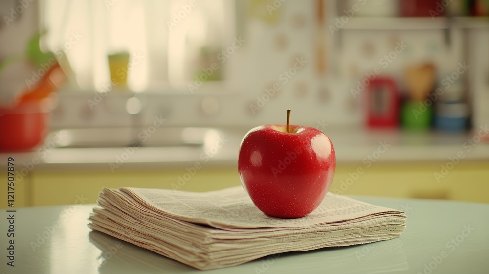 Poster fresh red apple on top of a stack of newsprint in a bright kitchen setting with soft natural light a