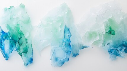 Fototapeta premium Melting ice forms a captivating abstract composition, featuring a stunning gradient of green and blue hues against a pristine white background, evoking a sense of tranquility and purity