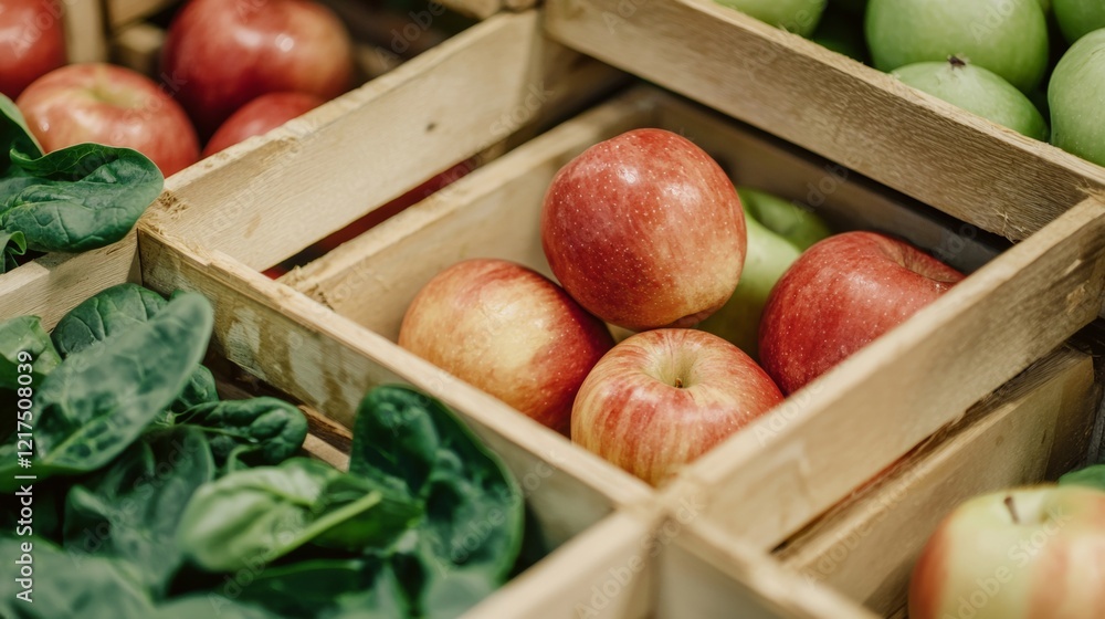 Poster vibrant red apples and leafy green vegetables arranged in wooden crates create an appealing display 